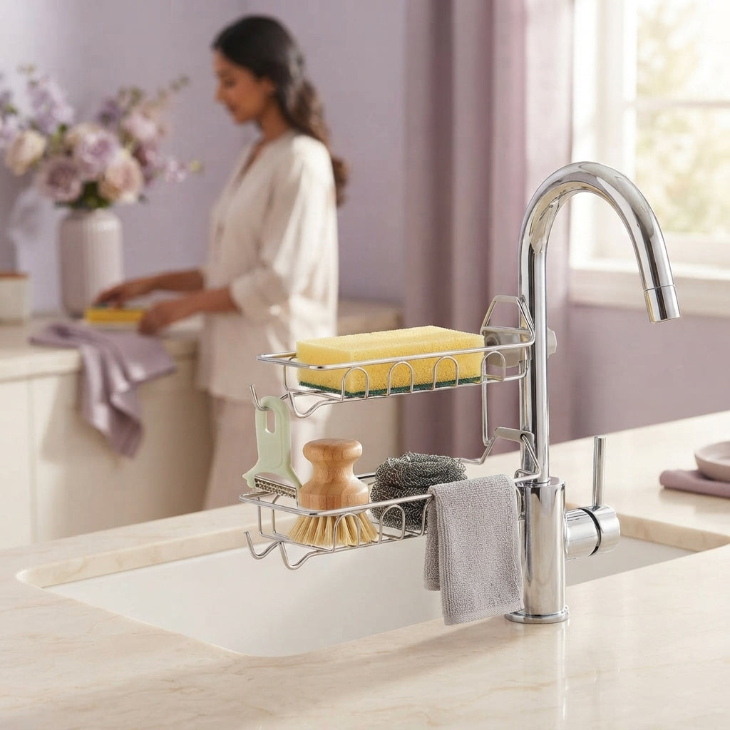 Stainless steel sponge holder on a cream marble countertop with soft lavender and mauve decor in a modern kitchen.